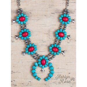 Turquoise Color Squash Blossom with Red Center Stone